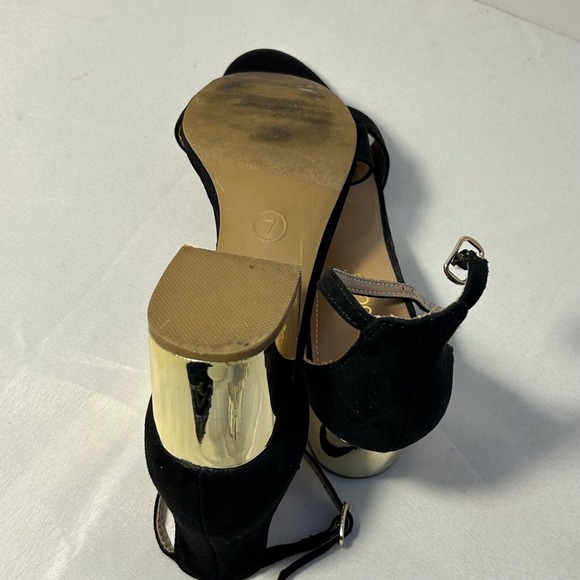 Francesca's Black Suede Ankle Strap Block Heels Gold Block Heel Sandals Size 7 - Picture 5 of 6